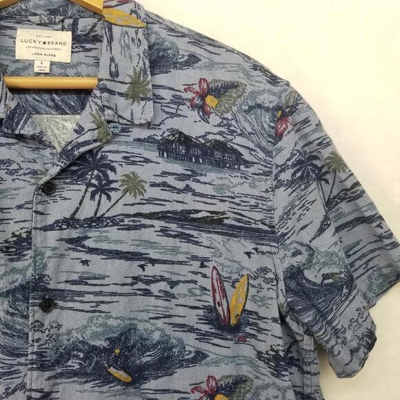 Lucky Brand Linen Blend Hawaiian Shirt Mens Large Blue Tropical Vacation - Picture 4 of 11